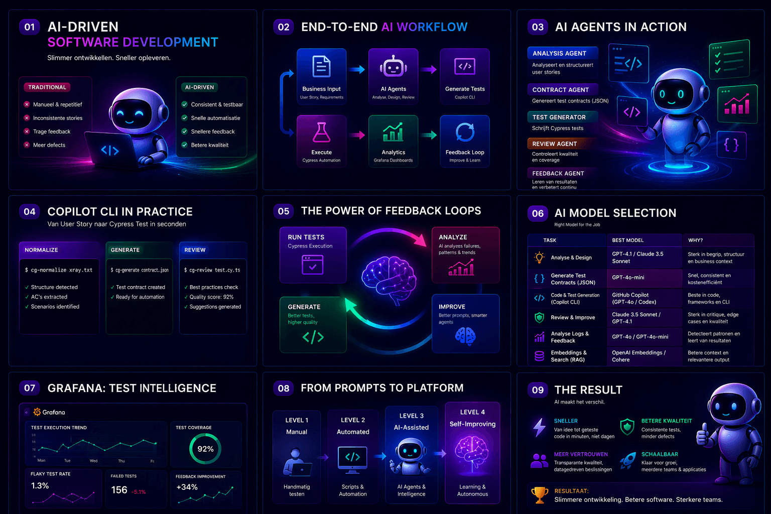 AI-gedreven softwareontwikkeling: end-to-end workflow, AI agents, Copilot CLI, feedback loops, model selection en Grafana test intelligence